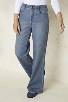 A fresh wide-leg silhouette offers a relaxed yet, sophisticated look for a flattering finish. | Women's Lightweight Denim Trouser - Cloud Wash - 24W Sophisticated Look, Denim Trousers, Full Figured, Wide Leg Denim, Petite Size, Wide Leg Trousers, Fashion Pants, Mom Jeans, Wide Leg