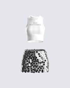 Make your mark in this eye-catching 2 piece set 🌟 Featuring a white rhinestone graphic cropped top, and a dazzling silver sequin mini skirt - this fit is the sassy moment we all live for 🤩 Glamorous White Sequined Crop Top, White Trendy Crop Top For Party, Trendy White Party Crop Top, Trendy White Crop Top For Party, White Sequined Crop Top, White Sequined Party Set, Summer Night Out Sequined Sets, Summer White Sets For Night Out, White Sequined Sets For Summer