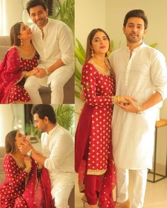 the couple is posing for pictures together in their red and white outfits, while they are dressed