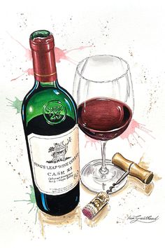 a painting of a bottle of wine next to a glass with a corkscrew