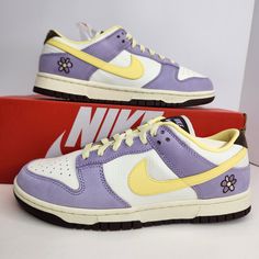 Nike Dunk Low Premium Size 9 Women Lilac Bloom/Soft Yellow-Sail Sku: Fb7910-500 100% Authentic Brand New With Box Any Questions? Make Sure To Ask Price Firm Farewell Outfits, Nike Track Shoes, Nike Air Max White, White Tennis Shoes, Yellow Nikes, Pretty Shoes Sneakers, Purple Nikes, Nike Gold, White Running Shoes