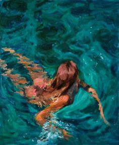 a painting of a person swimming in the ocean