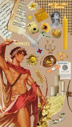 the collage has many different items on it, including an image of a man