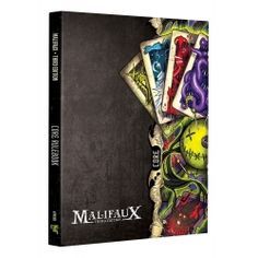 the book cover for malefaux, featuring four playing cards in different colors and designs