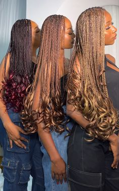 Three black girl wearing different coloured French curl braids Braids With Curly Extensions, Styles Braids Black Women, French Curls Hair, How To Style Long Braids With Curls, Braided Hairstyles With Curls At The End, Color 30 French Curl Braids, Hair With Curls At The End, French Curls Braids Hairstyles Ideas, #30 Braids