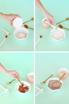 the process for making chocolate cake is shown in four different pictures, including spoons and bowls