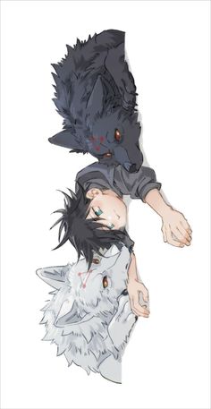 two anime characters with red eyes and black hair, one is holding the other's head