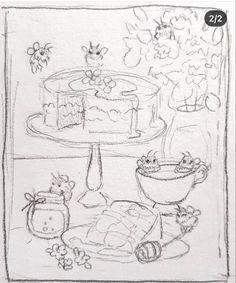 a drawing of a cake and other items on a table