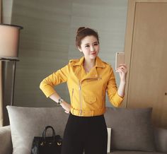 FREE SHIPPING Jackets Soft Pu Faux Leather Coat Slim Short JKP1247 Yellow Long Sleeve Outerwear For Office, Winter Long Sleeve Biker Jacket For Office, Long Sleeve Biker Jacket For Office In Fall, Casual Yellow Outerwear For Office, Yellow Fitted Long Sleeve Biker Jacket, Casual Leather Jacket For Office, Fitted Yellow Casual Biker Jacket, Fitted Yellow Biker Jacket Casual Style, Yellow Fitted Casual Biker Jacket