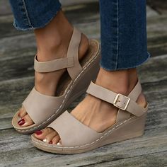 WELCOME TO JOSKAA OFFICIAL STORE Sandals Summer 2022, Casual Summer Sandals, Sporty Shoes, Wedges Sandals, Womens Sandals Wedges, Beige Shoes, Leather Wedge Sandals, T Strap Sandals, Fashion Sandals