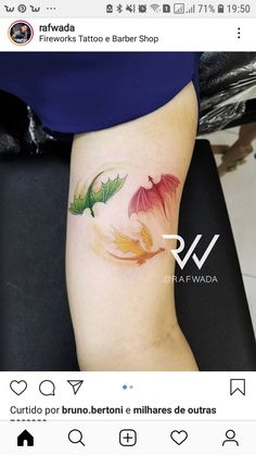 a woman with a tattoo on her leg showing the colors of two leaves and one flower