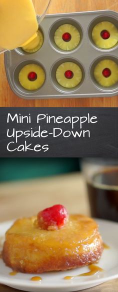 mini pineapple upside down cake recipe on a white plate and in a muffin tin