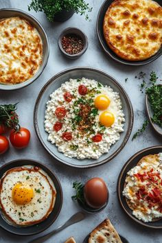 A variety of baked dishes with eggs, cheese, and herbs, surrounded by fresh herbs and tomatoes. Cottage Cheese Muffins, Cottage Cheese Smoothie, Cottage Cheese Breakfast Bowl, Cottage Cheese Dips, Cottage Cheese Salad, Cheese Stuffed Mushrooms, Cottage Cheese Pancakes, Snacks And Desserts, Tasty Snacks