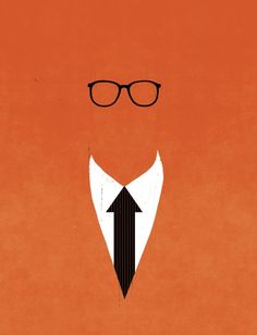 an orange background with a man's face wearing glasses and a bow tie on it