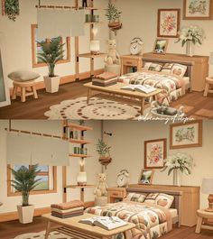 two pictures of the same room with different furniture and decorations on each side of the bed