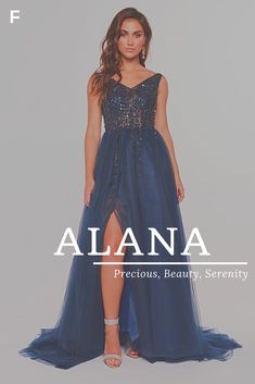 a woman in a blue dress with the words, allana precious beauty serent