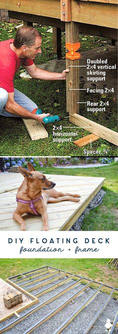 two pictures showing different stages of diy floating deck construction and frames with instructions to install them