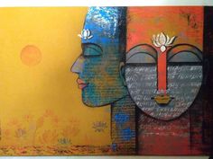 an abstract painting depicting two faces with flowers on their foreheads and one has a lotus in its hair