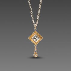 This sweet little necklace features a brilliantly sparkling square diamond, set in 22k gold and accented with a tiny diamond drop. Hangs on a delicate 14k chain. Square setting measures approximately 1/4 inch tall (from point to point). Shown at 16 inch chain length on model. Matte finish. Gold Diamond Drop Necklace Gift, Gold Diamond Drop Necklace As Gift, Gold Diamond Dainty Drop Necklace, Gold Diamond Drop Necklace For Anniversary, Gold Diamond Drop Necklace In Dainty Style, Dainty Gold Diamond Drop Necklace, Gold Diamond Solitaire Teardrop Pendant Necklace, Gold Diamond Solitaire Necklace With Teardrop Pendant, Gold Diamond-shaped Diamond Necklace