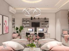 a living room filled with lots of furniture and pink pillows on top of white couches