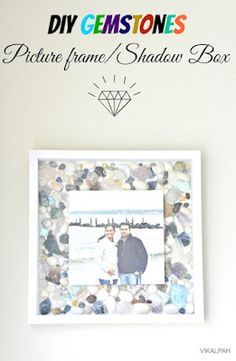 a photo frame made out of shells with the words diy gemstones above it