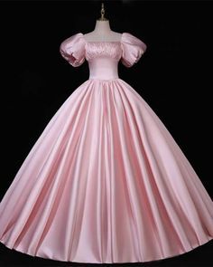 Pink Puffy Sleeve Ball Gown Dress Pink Satin Ball Gown For Party, Pink Fitted Ball Gown For Prom, Pink Satin Ball Gown For Debutante Ball, Fitted Pink Ball Gown For Prom, Pink Satin Gown For Debutante Ball, Pink Ruffled Satin Evening Dress, Pink Satin Gown With Ruffles, Pink Ruffled Ball Gown For Formal Occasions, Formal Pink Ruffle Ball Gown