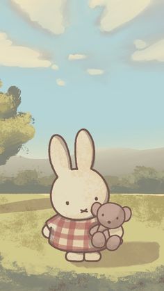 a drawing of a rabbit holding a teddy bear in front of a tree and sky