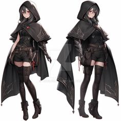 two images of a woman dressed in black with hoods and knee high boots, one is