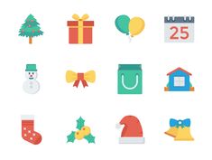 christmas icons are displayed on a white background, including presents and gifts for the holiday season