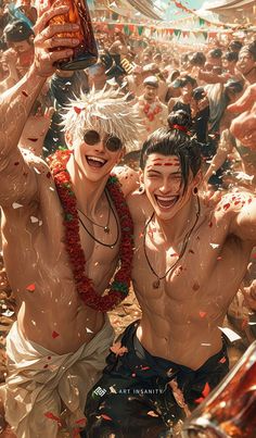 two men with white hair and no shirts are posing for the camera while confetti is thrown around them