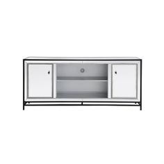 a white and black tv stand with two doors