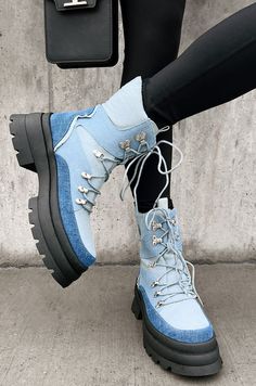 Stomper Lug Sole Denim Lace-Up Boot (Denim) Flying Monkey Jeans, Denim And Lace, Juniors Jeans, Denim Patchwork, Outfit Combinations, Jeans Size Chart, Small Dress, Winter Clothes, Trendy Accessories