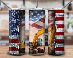 the american flag and bulldozer design is on this tumbler with an american flag in the background