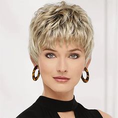 Classic Short Wig with Enviable Volume and Textured Layers / Multi-Tonal Shades of Blonde 2023 - US $22.99 Tousled Layers, Dominique Mcelligott, Blonde Silver, Pixie Wig, Goth Hair, Natural Wigs, Quality Wigs, Nape Of Neck, Shades Of Blonde