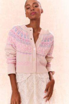 Shantae Wool Knit Cardigan Confetti Cake, Fair Isle Pattern, Shell Buttons, Fleece Sweater, Wool Knit, Bow Design, Sweater Sale, Pink Love, Skirts For Sale