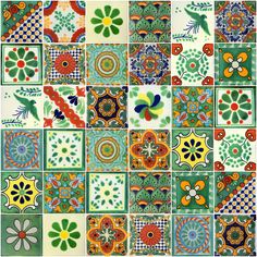 an assortment of colorful tiles with different designs