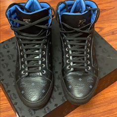 Authentic Mcm Logo High Top Sneaker. Size 44 Us 10.5 To 11 Mcm Shoes, High Top Sneaker, Black High Tops, Mcm Logo, Black Sneaker, Mens Shoes Sneakers, High Top, Black Blue, Hiking Boots