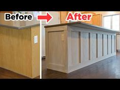 the before and after pictures of a kitchen island with an open cabinet door on one side