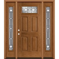 Masonite high-performance fiberglass doors feature distinct panel profiles that rival the detail of a real wood door but will not rust or dent. The intricate lines of the Naples glass add geometric beauty and visual interest to any entrance. When paired together, this captivating door and glass combination invite more light into the home while making an instant first impression. Masonite Naples 64-in x 80-in x 4-9/16-in Fiberglass 1/4 Lite Right-Hand Inswing Woodhaven Stained Prehung Front Door with Sidelights with Brickmould Single Front Door With Sidelights, Interior Garage Door, Craftsman Exterior Door, Front Door With Sidelights, Masonite Doors, Single Front Door, Door With Sidelights, Entry Door With Sidelights, Front Door Styles