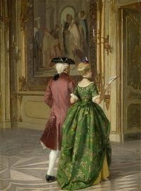 an image of a man and woman looking at each other in front of a painting