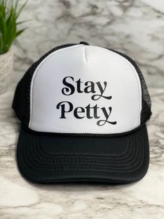 "These unique custom MADE TO ORDER hats are truely one of a kind. Not all heads are created equal , which is why we have so many size options. You can customize your hat color, size and your favorite design. please note all hat colors vary by size, in other words- not every hat color is available in every size. **please note these are made to order and the design layouts will be unique to each hat ordered** Please feel free to ask any questions you have about sizing, as these are MADE TO ORDER e Funny Hats Diy, Petty Gifts, Funny Trucker Hat, Funny Gifts For Her, Vintage Trucker Hats, Funny Gift Idea, Funny Hats, Cute Shirt Designs, Sublimation Ideas