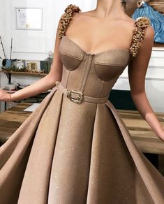 Chamois Charm Gown – Teuta Matoshi Brown Gown, Shiny Fabric, فستان سهرة, Elegant Dresses For Women, Embroidered Details, Color Dress, Ball Gown Dresses, Dress Shapes, Gown Dress