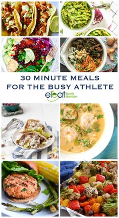 the cover of 30 minute meals for the busy athlete, with pictures of different foods