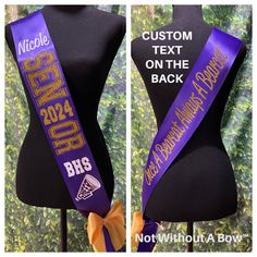 Make the event memorable with a custom senior night sash! Created with top quality satin ribbon. Size: One size fits most. Total sash length is 36" Ribbon Width: 4" (shown in sample photo)  Sash will NOT be sewn and a safety pin will be included to allow for a custom fit. Please be very detailed in the comment section to avoid delay of processing. -Choose SENIOR layout from photo - clearly note # -Choose ACTIVITY IMAGE from photo  - clearly note # Choose up to 2 colors and note color placement. Note personalized details: Name for sash, year, school abbreviation etc Type school / names EXACTLY how you wish them to appear. INFORMATION TO ASSIST YOU IN YOUR SASH PURCHASE. *Each sash is individually packaged with a safety pin for gift giving. *Our sashes are NOT sewn at hip to allow for a cust Senior Night Sash, School Names, Senior Sash, Custom Sash, Wedding Sash Belt, Senior Night, Wedding Belts, Ribbon Colors, Etsy Shipping