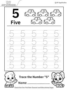 the number five worksheet for children to practice numbers 5 and 6, with pictures of