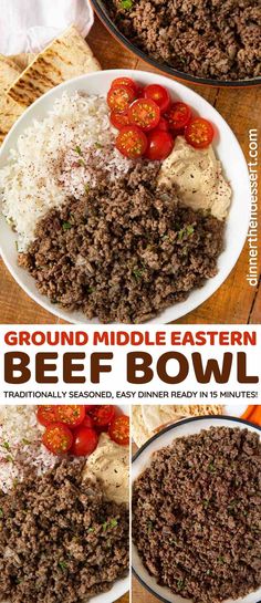 ground beef and rice in a bowl with tomatoes on top