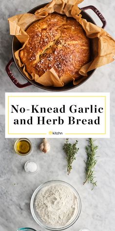 no - knead garlic and herb bread in a skillet on a marble countertop