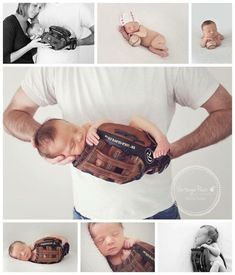 a man is holding a baby in a bag