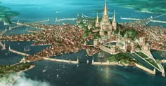 an artist's rendering of a city in the middle of water with lots of buildings