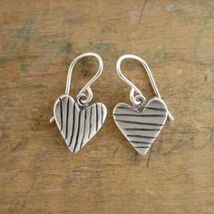 Striped Heart Earrings by marmar on Etsy, $50.00 Silversmithing Earrings, Striped Heart, Owl Necklace Silver, Silversmithing Jewelry, Sterling Silver Heart Earrings, Modern Silver Jewelry, Long Silver Earrings, Silver Clay, Diy Jewelry Unique